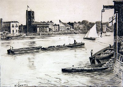 Chelsea Old Church från Battersea (conte & tvätt på papper) av Walter Greaves