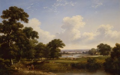 Bönder i ett trädbevuxet flodlandskap (olja på duk) av Walter Heath Williams