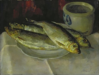 Stilla liv med fisk (olja på duk) av Walter Heinrich Tanck