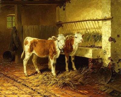 Två kalvar i en lada av Walter Hunt