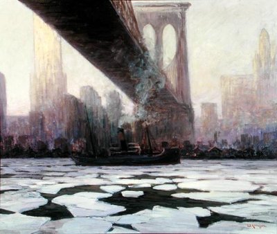 Skepp i fruset vatten under Brooklyn Bridge (olja på duk) av Walter Koeniger