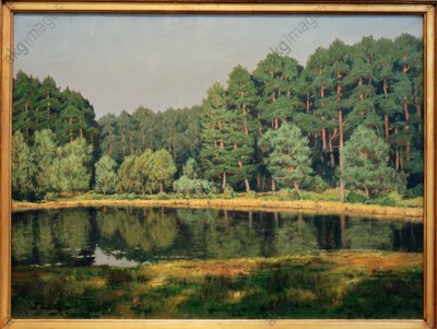 Skogslandskap med en sjö i Brandenburg av Walter Leistikow