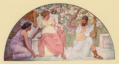 Herkules med distaff som snurrar för drottning Omphale (färglitografi) av Walter MacEwen