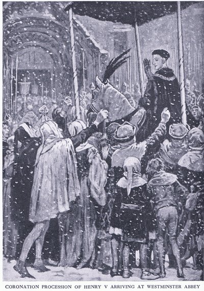 Henrik V:s kröningsprocession som anländer till Westminster Abbey 1413, från Cassells History of the British People utgiven av Waverley Book Company Limited, ca 1940. av Walter Paget