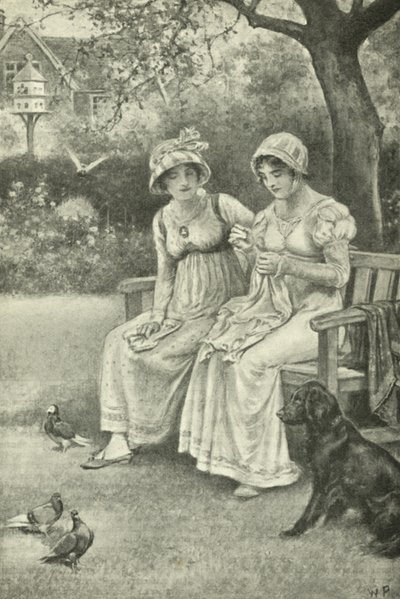 Jane Austen, syr, med sin syster Cassandra i prästgårdsträdgården (litho) av Walter Paget
