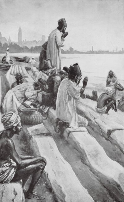 Parsis tillber den uppgående solen på stranden i Bombay (litho) av Walter Paget