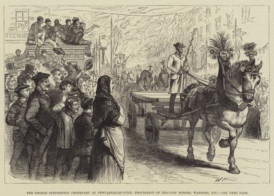 George Stephensons hundraårsjubileum i Newcastle-on-Tyne, procession med draghästar, vagnar etc. av Walter Paget