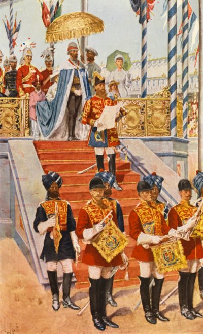 Drottningen utnämnd till kejsarinna av Indien (färglitografi) av Walter Paget
