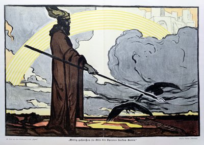 Oden med sina två kråkor, Hugin (tanke) och Munin (minne) av Walter Puttner