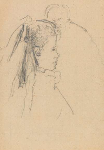 Huvud och byst av en flicka i profil till höger, huvud av en man, helt framifrån och bakåt (grafit på papper) av Walter Richard Sickert