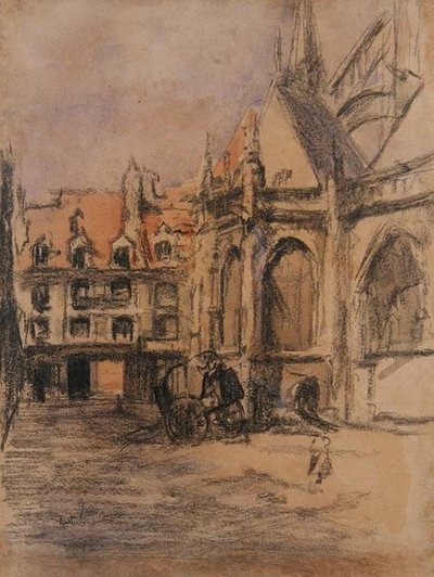 Rue Sainte Catherine och de gamla arkaderna, Dieppe, ca 1900 (kol och akvarell) av Walter Richard Sickert