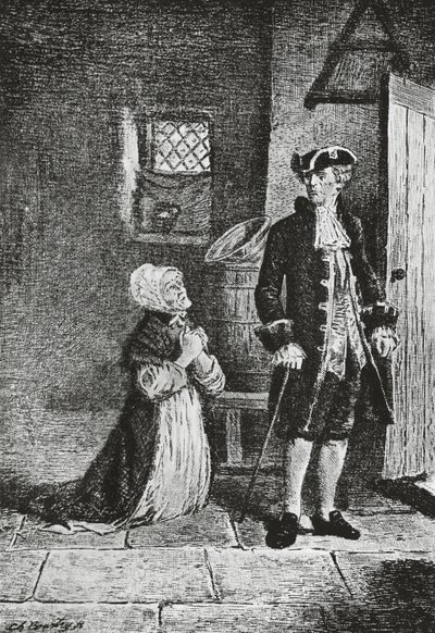Elspeth och Lord Glenallan, illustration för Antiquary, historisk roman av Walter Scott (1771-1832), gravyr av Walter Scott