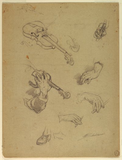 Ritning, ark med studier av händer på en violinist, 1878 av Walter Shirlaw