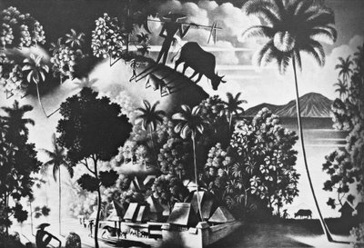 Landskap med koskugga (Landschaft mit Shattenkuh) av Walter Spies
