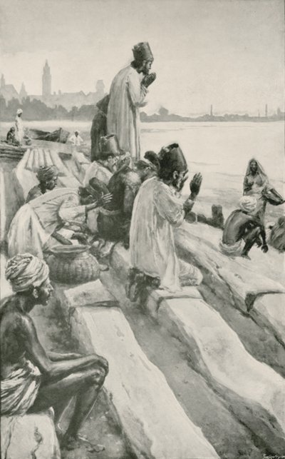 Parsis dyrkar den uppgående solen på stranden i Bombay av Walter Stanley Paget