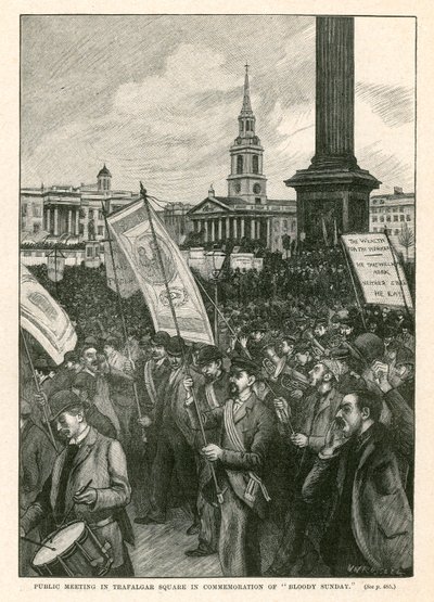 Offentligt möte på Trafalgar Square till minne av den blodiga söndagen (gravyr) av Walter Westley Russell