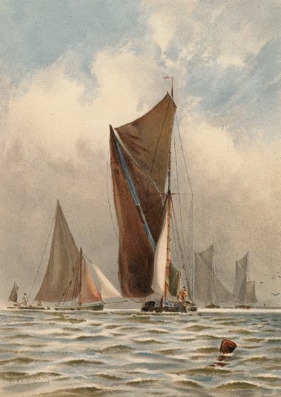 Pråmar på Themsen (färglitografi) av Walter William May