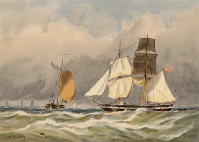 Briggen i rörelse (färglitografi) av Walter William May