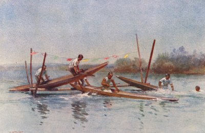 Nya Zeeland: Canoe Hurdle Race (färglitografi) av Walter Wright