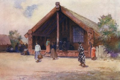 Nya Zeeland: Carved House, Ohinemutu (färglitografi) av Walter Wright