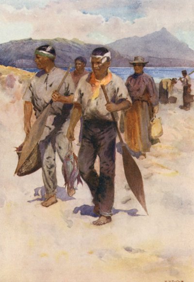 Nya Zeeland: Maori Fishing Party (färglitografi) av Walter Wright