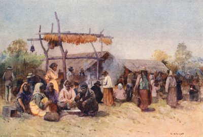 Nya Zeeland: Native Gathering (färglitografi) av Walter Wright