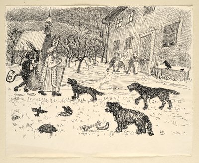 St Nicholas och Krampus på landsbygden med barn av Walther Gamerith