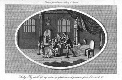 "Lady Elizabeth Gray ber om hjälp och skydd från Edward IV", 1793 av Warren