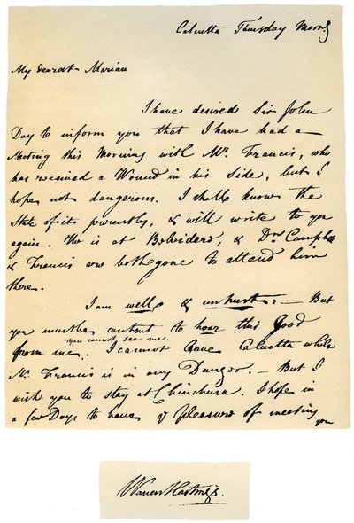 Brev från Warren Hastings, Bengalens generalguvernör till sin hustru, 17 augusti 1780. av Warren Hastings