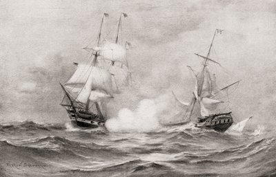 Striden mellan USS Constitution och HMS Guerriere, under kriget 1812, cirka 600 miles sydost om Halifax, Nova Scotia, från The History of Our Country, publicerad 1905 av Warren Sheppard