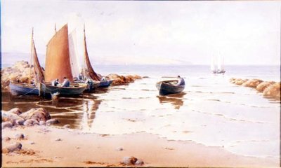 Landing the Catch (möjligen Cemaes Bay, Anglesey) (akvarell på papper) av Warren Williams