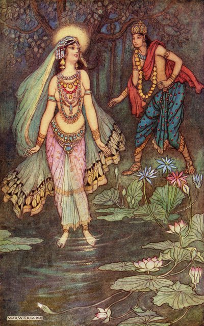 Shantanu Meets the Goddess Ganga, illustration från "Indian Myth and Legend" av Donald A. Mackenzie, utgiven 1913 (färglitografi) av Warwick (after) Goble