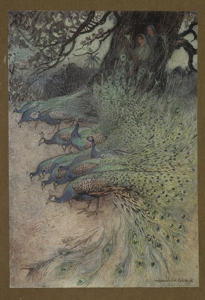 Plåt 11: "Hundratals påfåglar av underbara plymer kom till vallarna för att äta khai", från Folk-Tales of Bengal ... Med 32 illustrationer i färg av Warwick Goble. (Edition de luxe.) av Warwick Goble