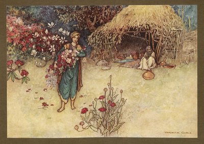 Tavla 17: "I gryningen brukade han avliva blommor i första", från Folk-Tales of Bengal ... Med 32 illustrationer i färg av Warwick Goble. (Edition de luxe.) av Warwick Goble