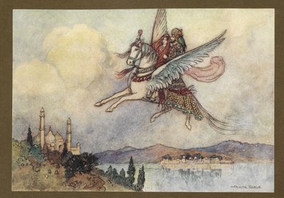 Plåt 20: "The lady, king and hiraman all nådde konungens huvudstad i god behag", från Folk-Tales of Bengal ... Med 32 illustrationer i färg av Warwick Goble (Edition de luxe.) av Warwick Goble