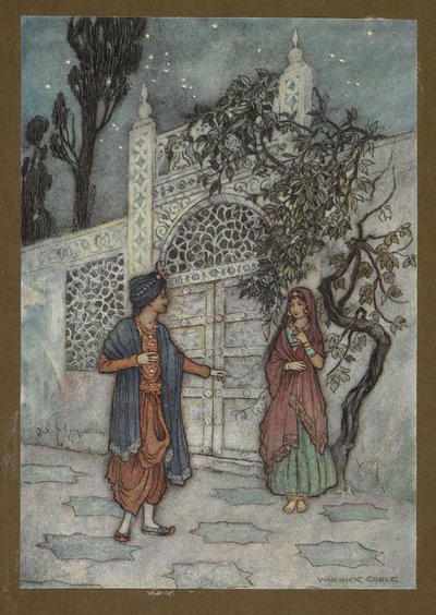 Plåt 2: "Prinsen återupplivades, och när han gick omkring såg han en mänsklig figur nära porten", från Folk-Tales of Bengal... Med 32 illustrationer i färg av Warwick Goble av Warwick Goble