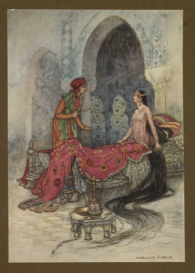 Platt 6: "På ett tag vaknade hon, satte sig upp i sin säng och tittade på främlingen, frågade vem han var", från Folk-Tales of Bengal ... Med 32 illustrationer i färg av Warwick Goble. (Edition de luxe.). 1914 av Warwick Goble