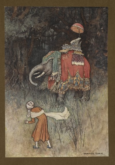 Platta 8: "På en plötslig kapariserade en elefant vackert över sin väg", från Folk-Tales of Bengal ... Med 32 illustrationer i färg av Warwick Goble (Edition de luxe) av Warwick Goble