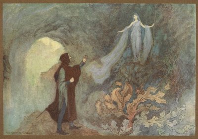Fe som visar sig för prinsen i grottan, från Cenerentola. av Warwick Goble
