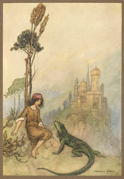Ödlan som visar Goat-Face the Palace, från Goat-Face. av Warwick Goble