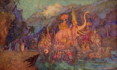 The Return of the Heroes Slain in the Battle of Eighteen Days, illustration från "Indian Myth and Legend" av Donald A. Mackenzie, publicerad 1913 av Warwick Goble