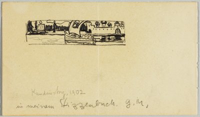 Flodlandskap med båt och muromgärdad stad av Wassily Kandinsky