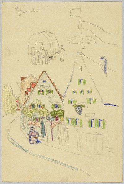 Gränd med gavelhus och täckta vagnar, tergo: utsikt över en plats med en lökkupolkyrka av Wassily Kandinsky