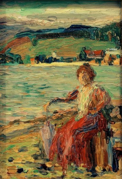 I en röd klänning på sjöstranden av Wassily Kandinsky