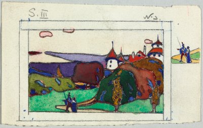 Landskap med ett par i medeltida dräkt, tergo: fragment av en riddare i rustning av Wassily Kandinsky