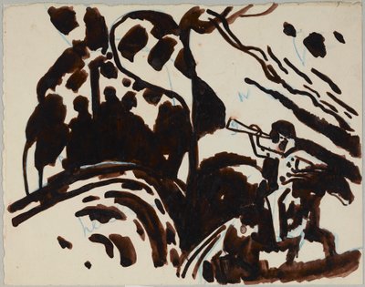 Landskap med en ryttare som blåser i trumpet av Wassily Kandinsky
