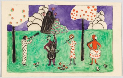 Fyra musiker i ett landskap av Wassily Kandinsky