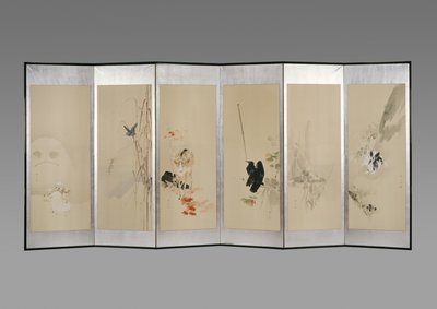 Vikskärm: Flowers of the Twelve Months, c.1900 (bläck & färg på papper) av Watanabe Seitei