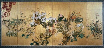 Skärm med höst- och vinterblommor, tidigt 1700-tal av Watanabe Shiko