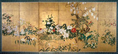 Skärm med vår- och sommarblommor, tidigt 1700-tal av Watanabe Shiko